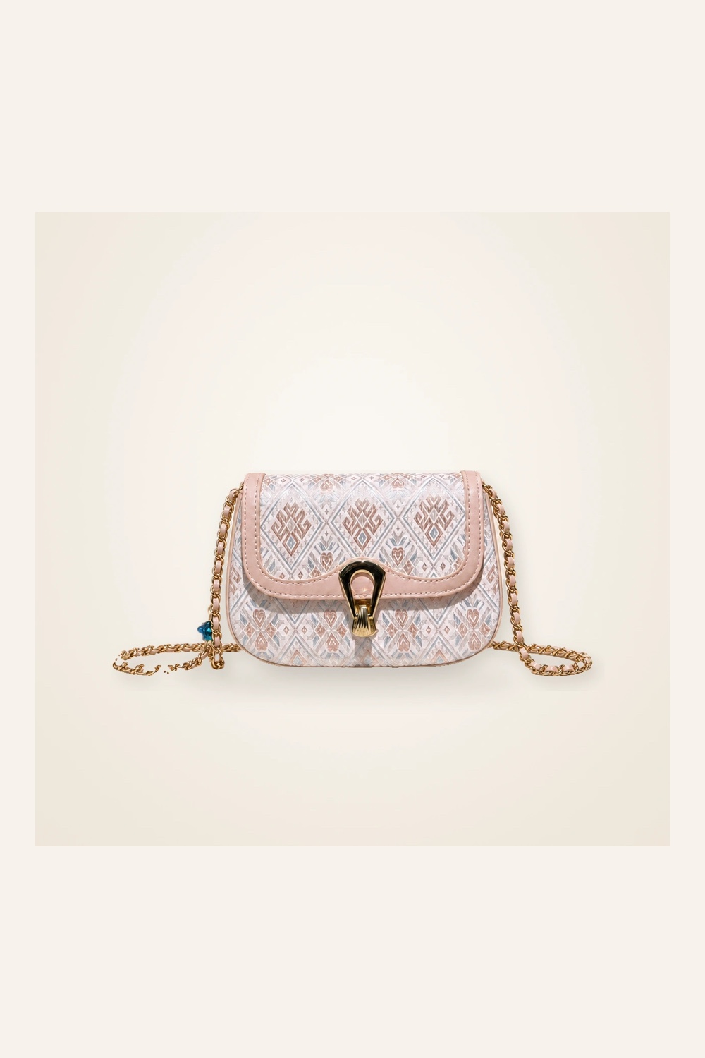 Front view of woven crossbody bag Butterfly Shadow · Silver Chain in handwoven brocade