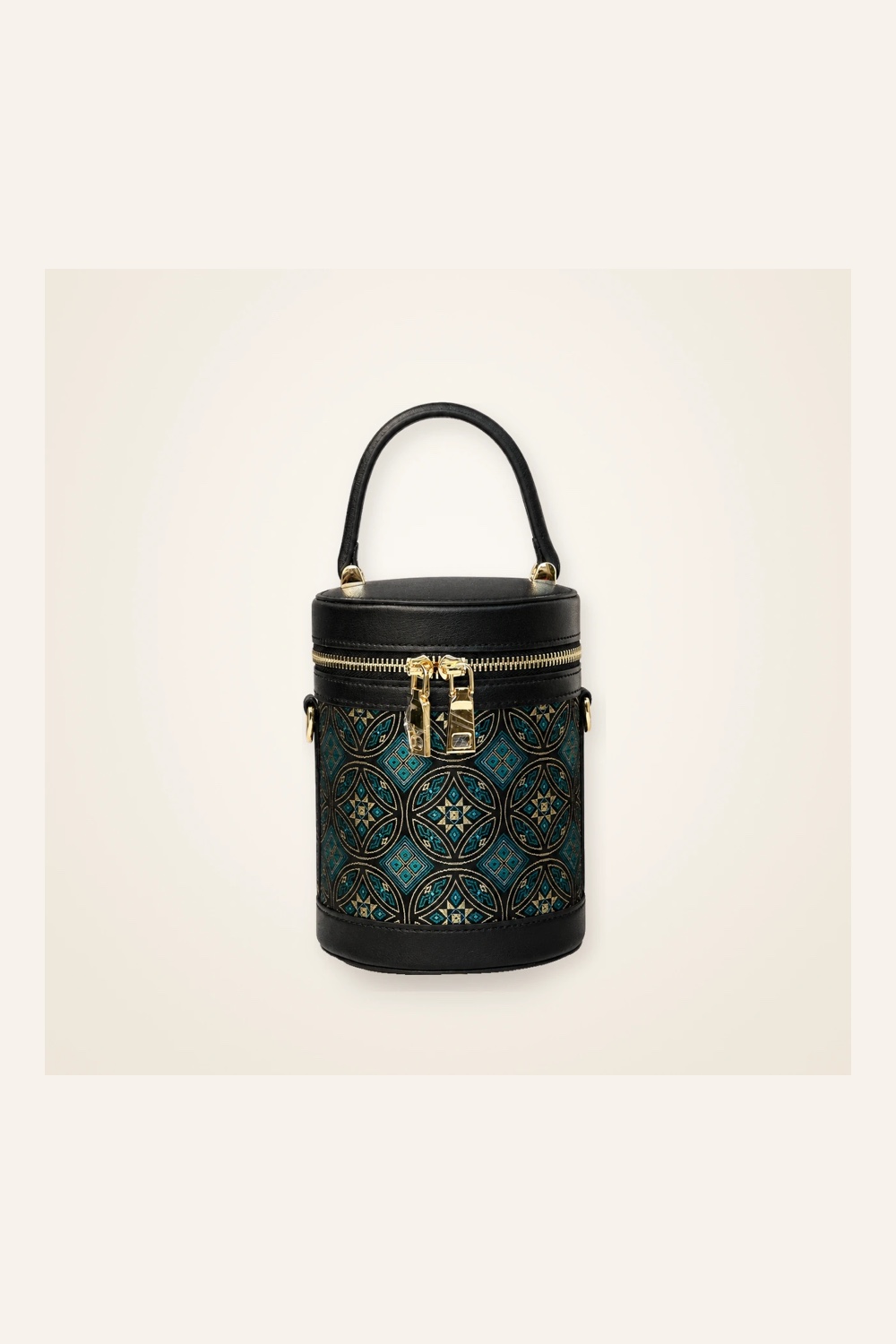 Front view of woven bucket bag Brocade Vessel · Myriad Forms in handwoven brocade