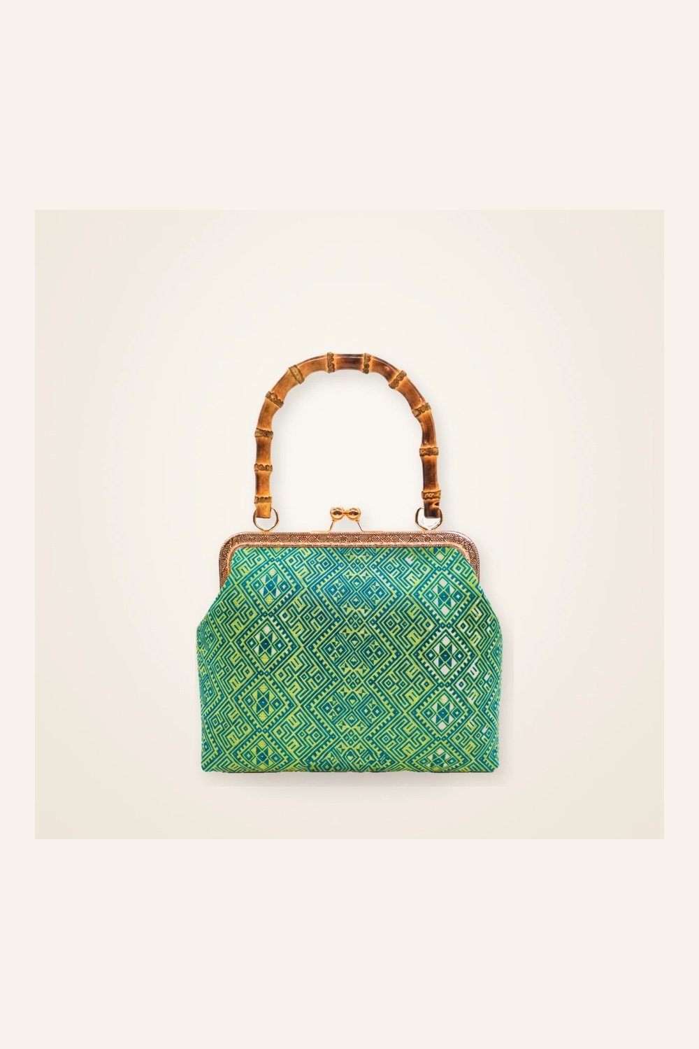 Front view of woven mini frame bag Twin Swallows · Jade Green in handwoven brocade