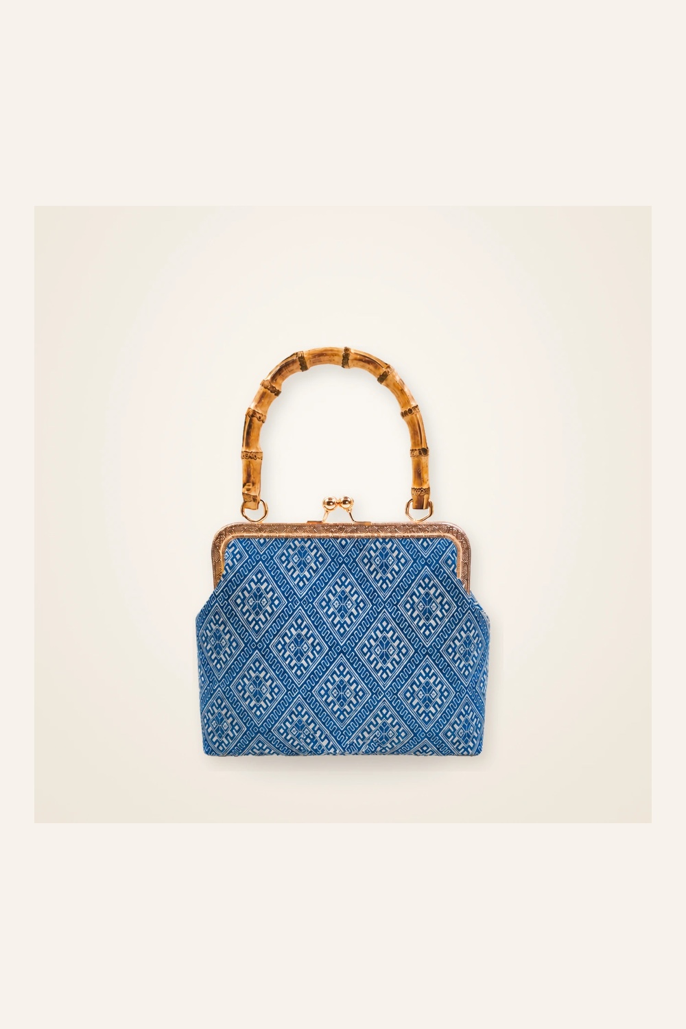 Front view of woven mini frame bag Wheat Sheaf · Indigo in handwoven brocade