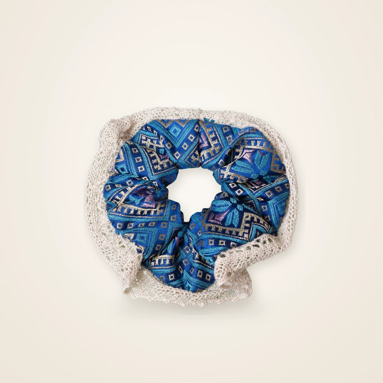 Front view of brocade scrunchie Brocade Halo · Gold & Azure Butterfly, handwoven brocade woven in the butterfly-and-blossom motif