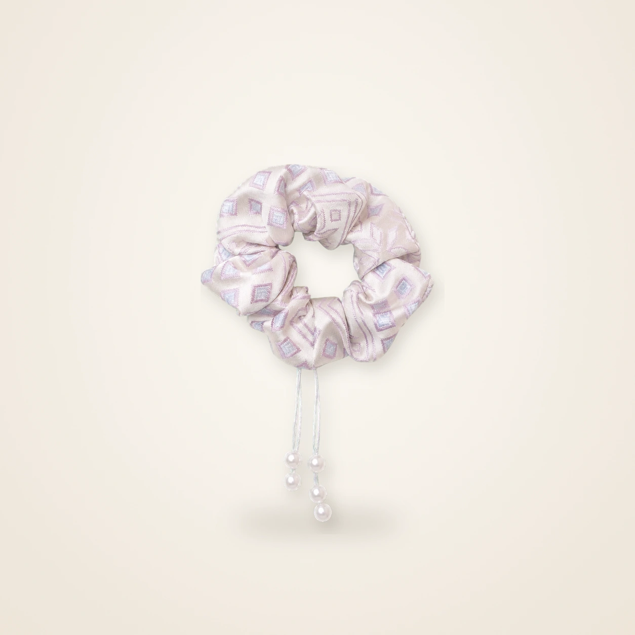 Front view of brocade scrunchie Brocade Halo · Lilac Butterfly & Blossom, handwoven brocade woven in the butterfly-and-blossom motif