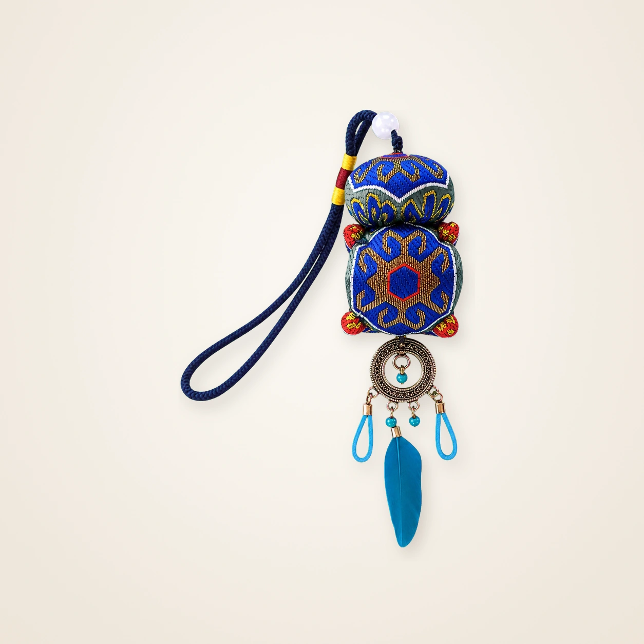 Front view of brocade bag charm Brocade Tassel · Blue-Green Floral Coverlet Motif, handwoven brocade woven in the xilankapu coverlet motif