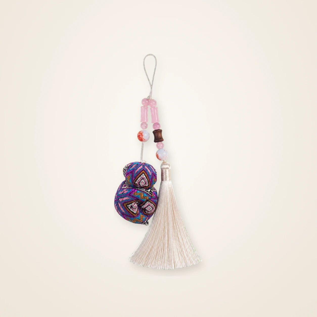 Front view of brocade bag charm Brocade Tassel · Violet, handwoven brocade made as a brocade tassel charm