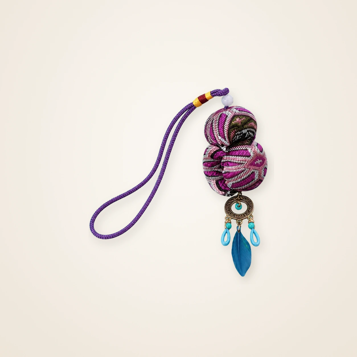 Front view of brocade bag charm Guardian Blessing · Violet, handwoven brocade made as a momie guardian sachet