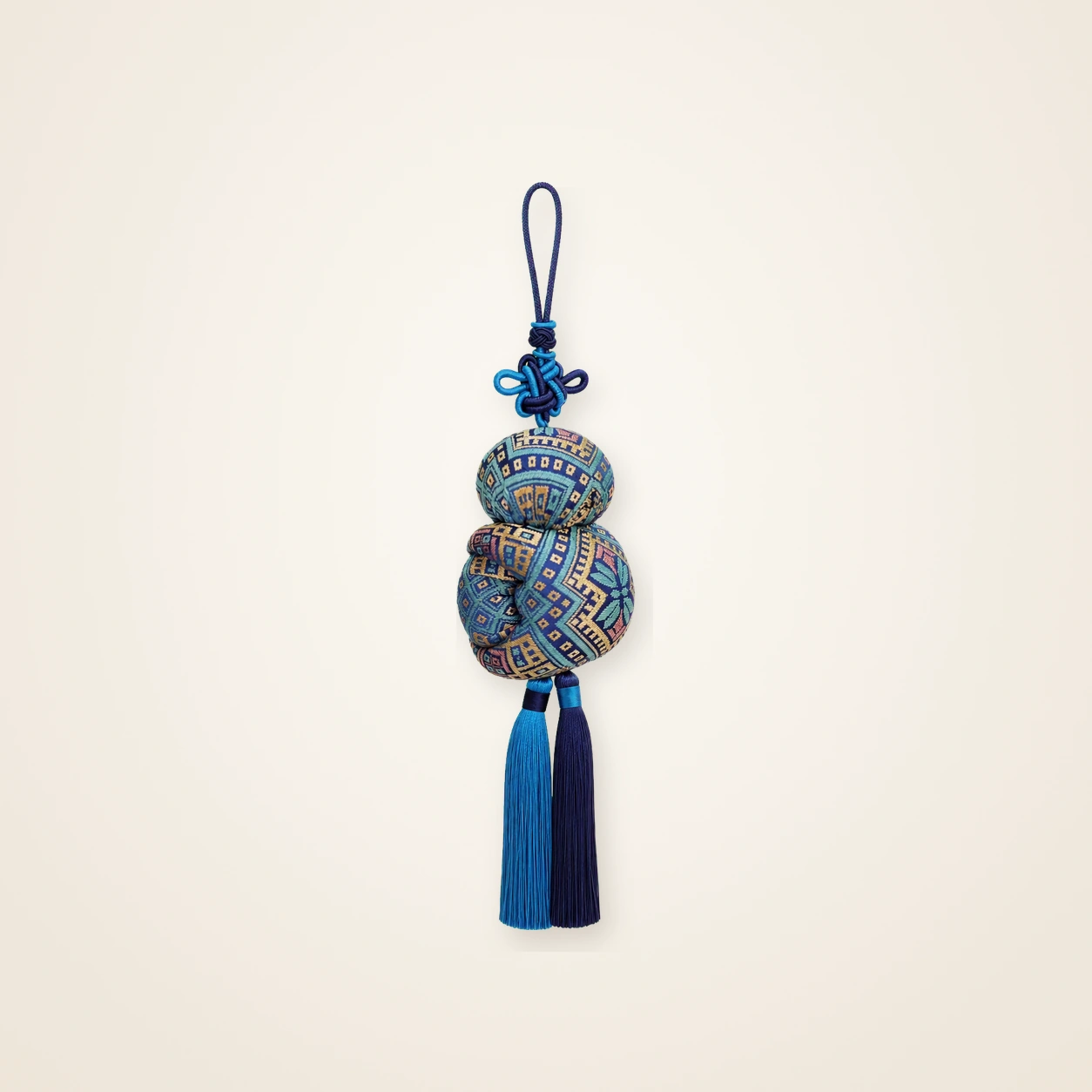 Front view of brocade bag charm Seven-Centimetre Sachet · Gold & Blue Butterfly, handwoven brocade woven in the butterfly-and-blossom motif