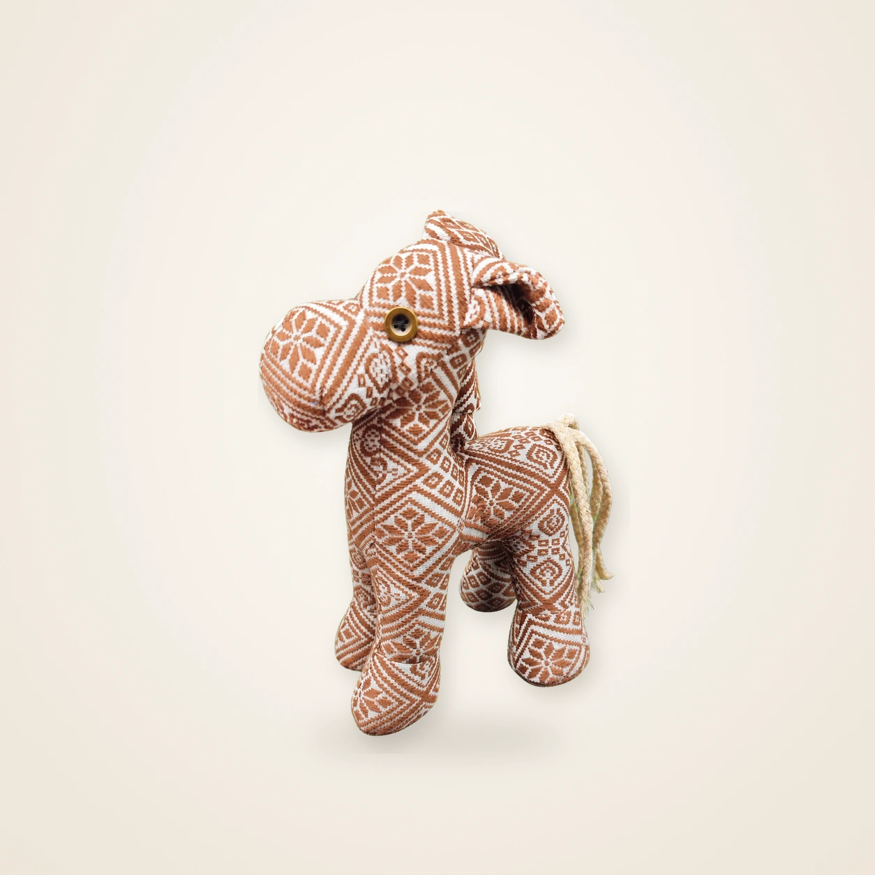 Front view of handmade textile figure Auspicious Horse · Tea Brown, handwoven brocade made as a standing auspicious horse
