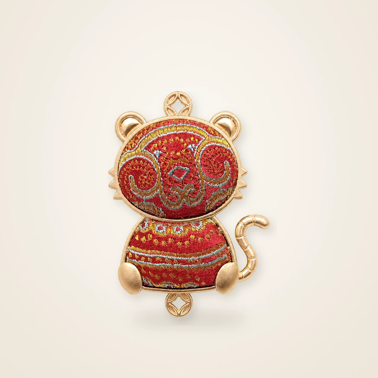 Front view of handmade textile figure Zodiac Guardians · Golden Monkey, handwoven brocade made as a Chinese zodiac guardian
