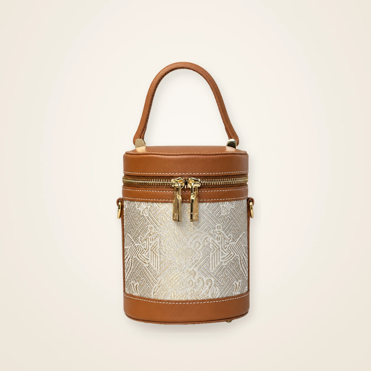 Front view of woven bucket bag Dragon & Phoenix · Khaki, handwoven brocade woven in the dragon-and-phoenix motif