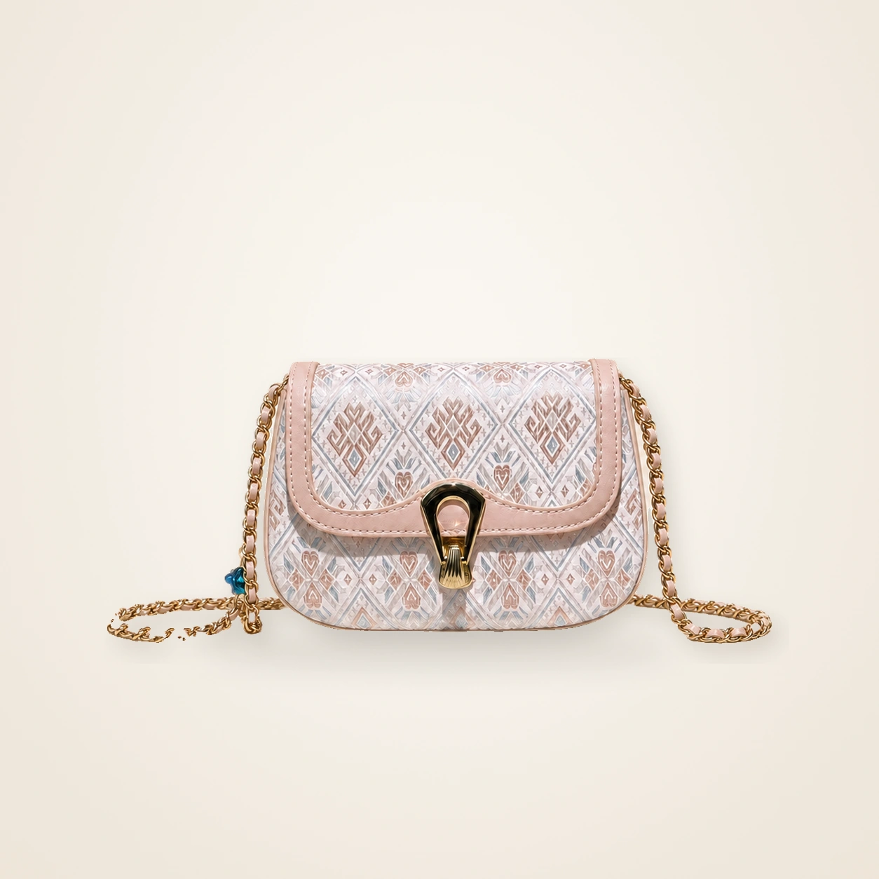 Front view of woven crossbody bag Butterfly Shadow · Silver Chain, handwoven brocade woven in the butterfly-and-blossom motif