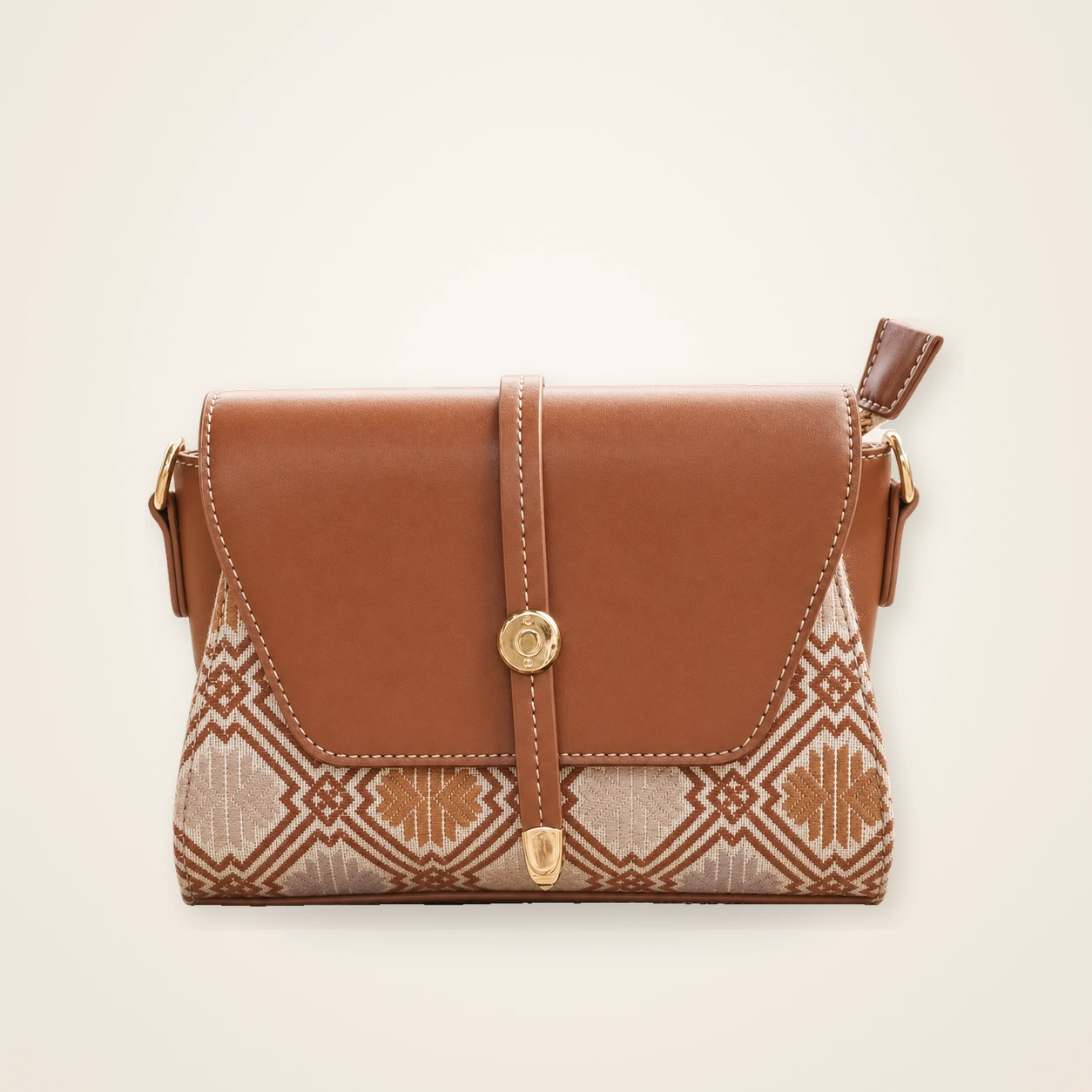 Front view of woven crossbody bag Noble Chrysanthemum · Autumn Tidings, handwoven brocade woven in the chrysanthemum motif