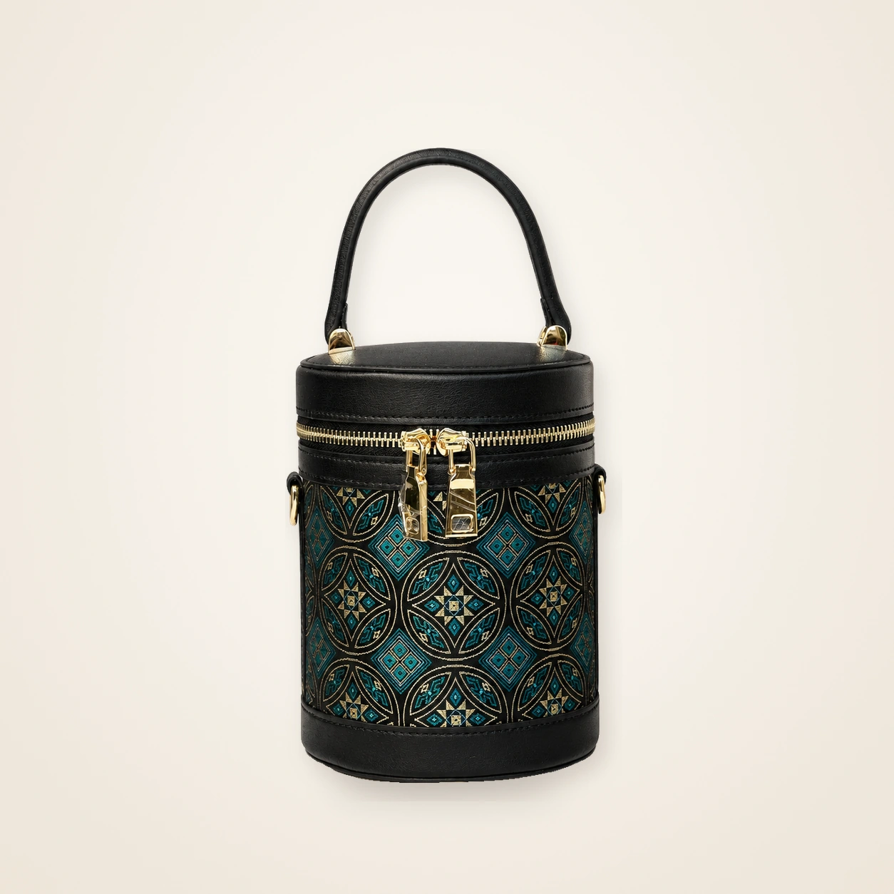 Front view of woven bucket bag Brocade Vessel · Myriad Forms, handwoven brocade woven in the wanxiang myriad-forms motif