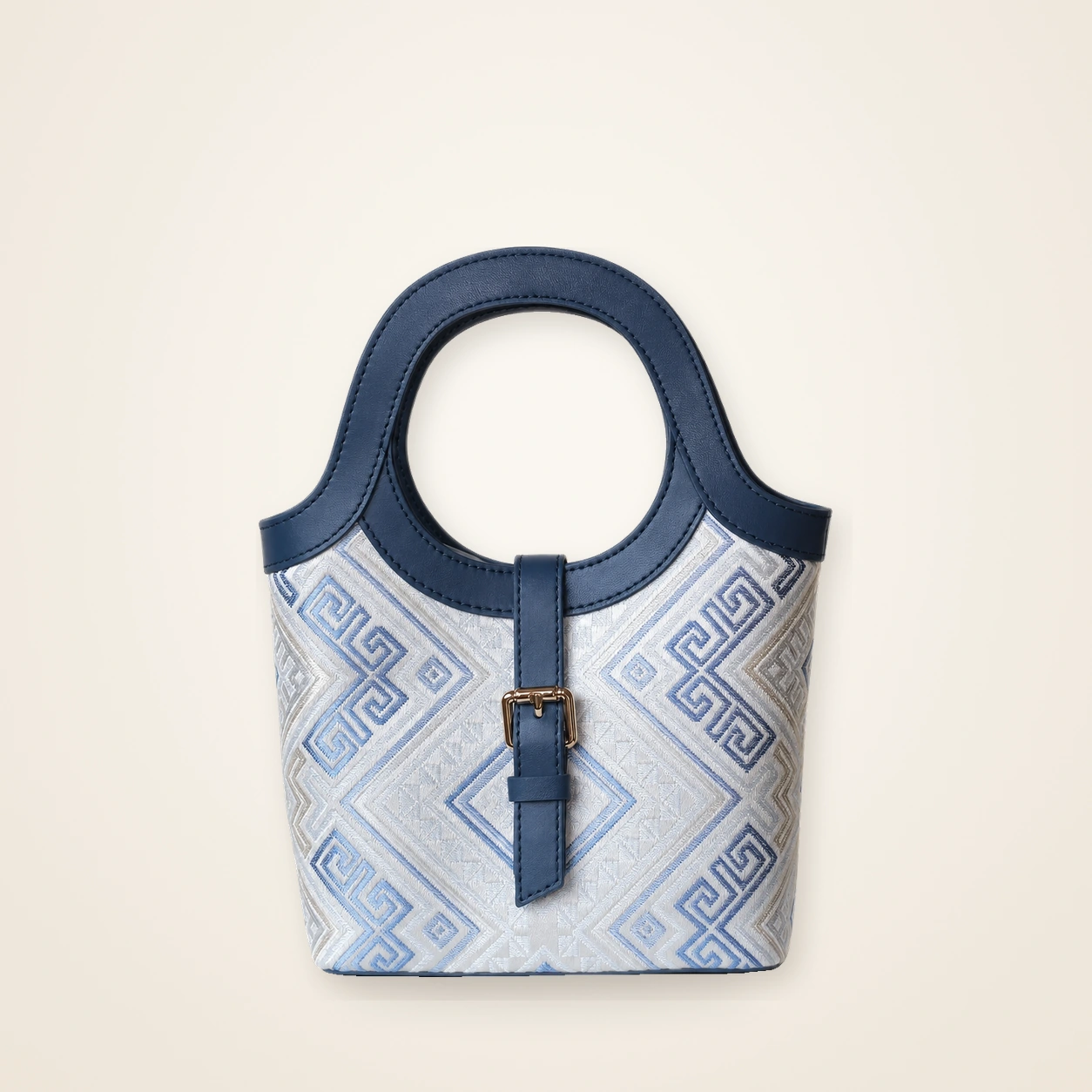 Front view of woven mini bag Orchid Courtyard · Lucent Shadow, handwoven brocade woven in the huiwen meander motif