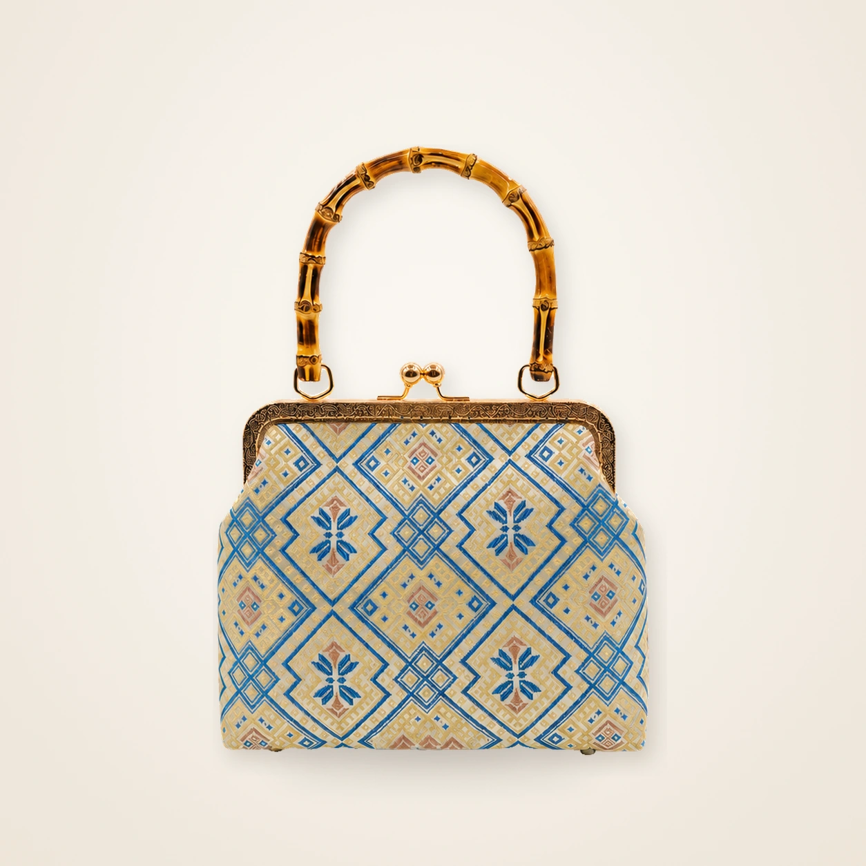 Front view of woven mini frame bag Butterfly Shadow · Mist Blue, handwoven brocade woven in the butterfly-and-blossom motif