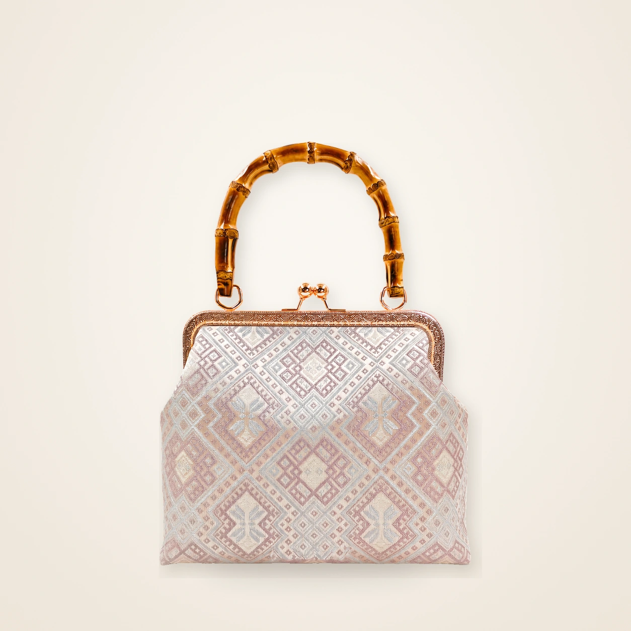 Front view of woven mini frame bag Butterfly Shadow · Silver Violet, handwoven brocade woven in the butterfly-and-blossom motif