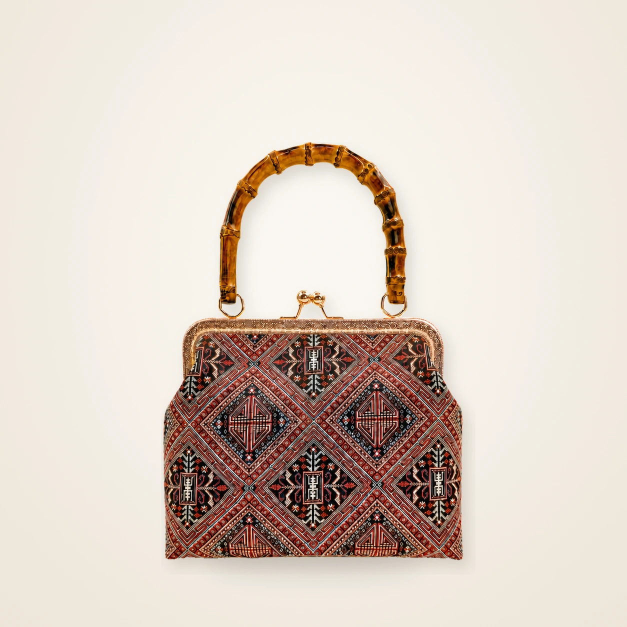 Front view of woven mini frame bag Longevity Blossom · Cinnabar Red, handwoven brocade woven in the longevity-blossom motif