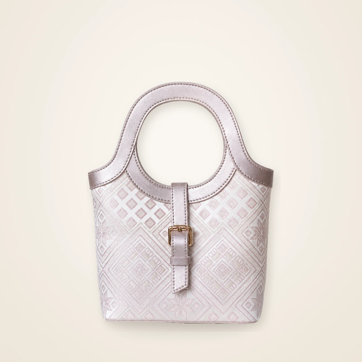 Front view of woven mini bag Orchid Courtyard · Rose Veil, handwoven brocade woven in the huiwen meander motif