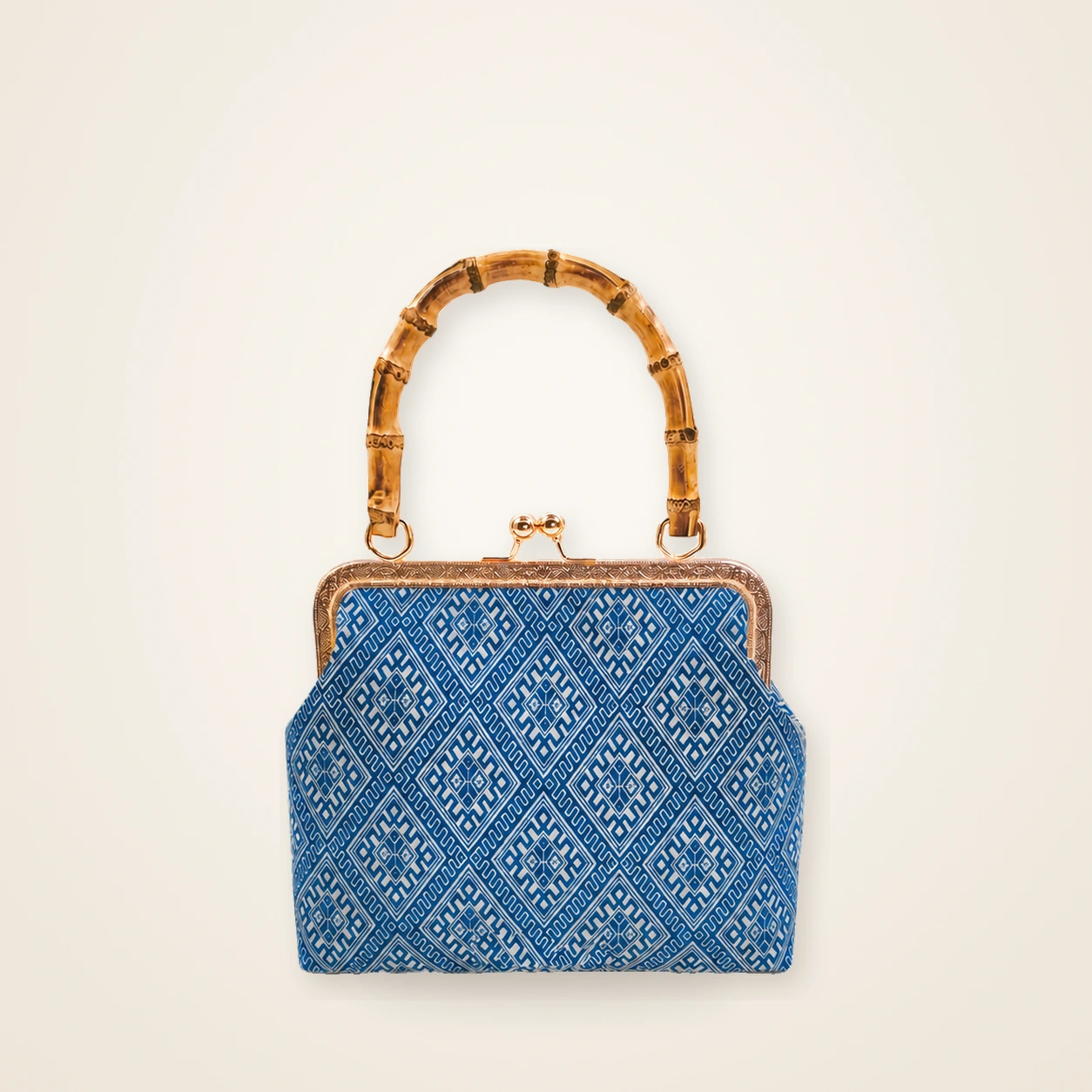 Front view of woven mini frame bag Wheat Sheaf · Indigo, handwoven brocade woven in the wheat-sheaf motif