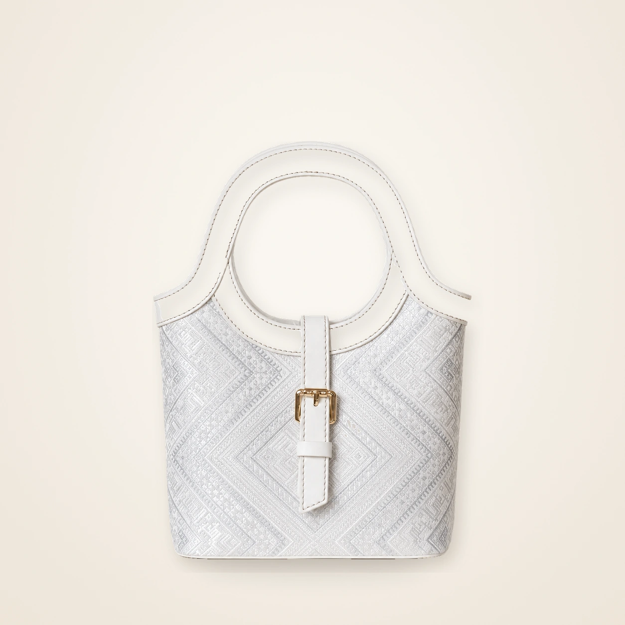 Front view of woven mini bag Orchid Courtyard · Snow Shadow, handwoven brocade woven in the huiwen meander motif