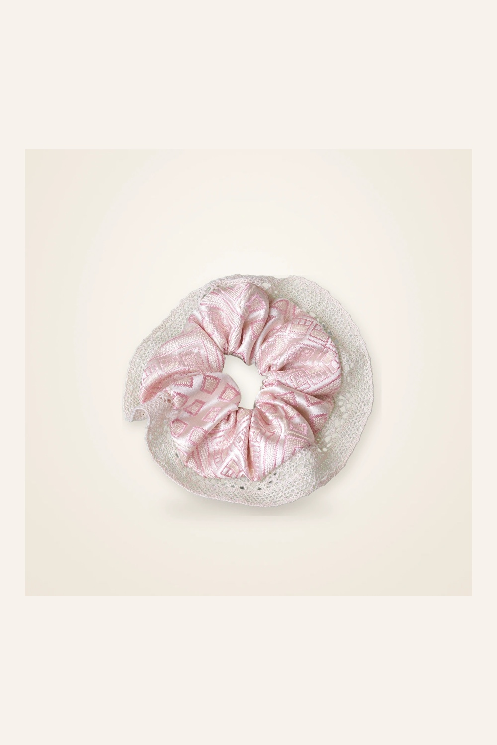 Front view of brocade scrunchie Brocade Halo · Blush Lace Butterfly & Blossom, handwoven brocade woven in the butterfly-and-blossom motif